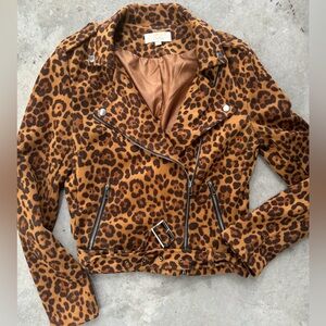 Leopard print animal print zip up jacket w/ silver zipper and stud/belt details